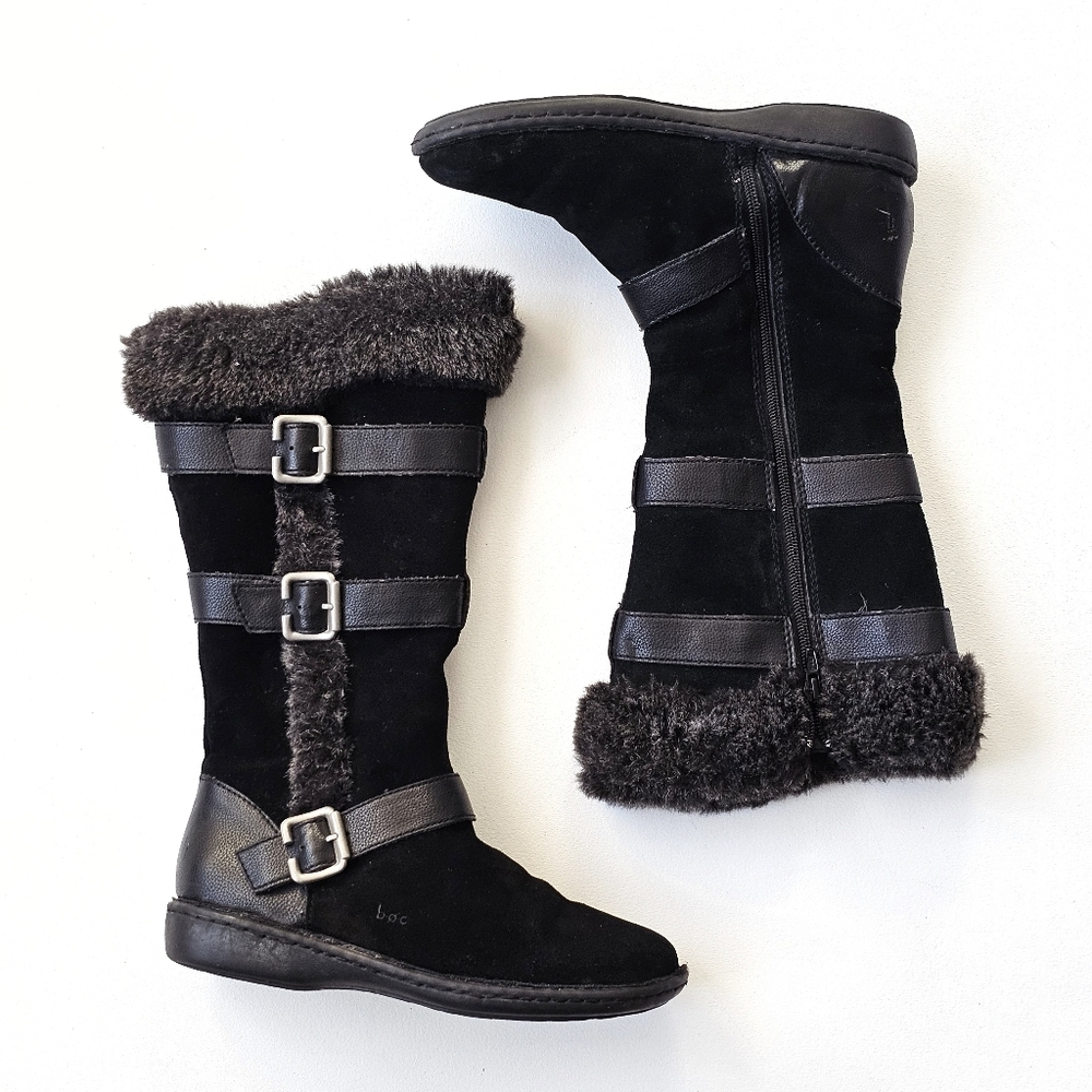 b.o.c. Born Faux Fur Lined Mid Calf Tall Boots Black Leather Suede Buckle 7.5